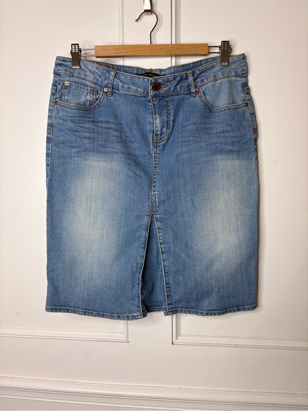 Zara Light Blue High-Rise Denim Skirt with rhinestone embellishment back pocket